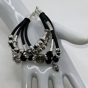 Vintage SAQ Bracelet Multi Strand Marked‎ Silver Tone Faceted Glass Beads Chic